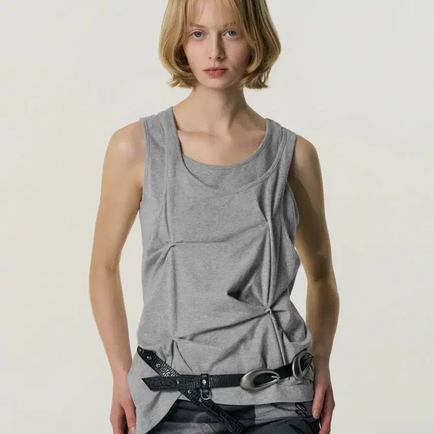 [BUNJANG] JISOO Pinched Layered Tank Top (Grey, S) / 킴지수 핀치드 레이어드 탱크탑 나시