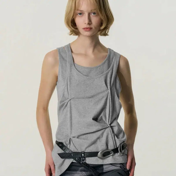[BUNJANG] JISOO Pinched Layered Tank Top (Grey, S) / 킴지수 핀치드 레이어드 탱크탑 나시