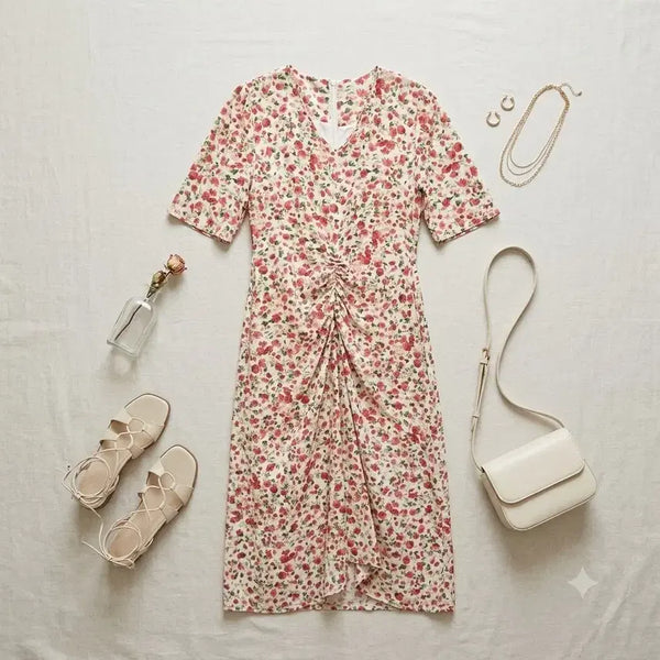 [BUNJANG] Floral Pattern Shirred Chiffon Long Dress / 플로럴 패턴 셔링 원피스
