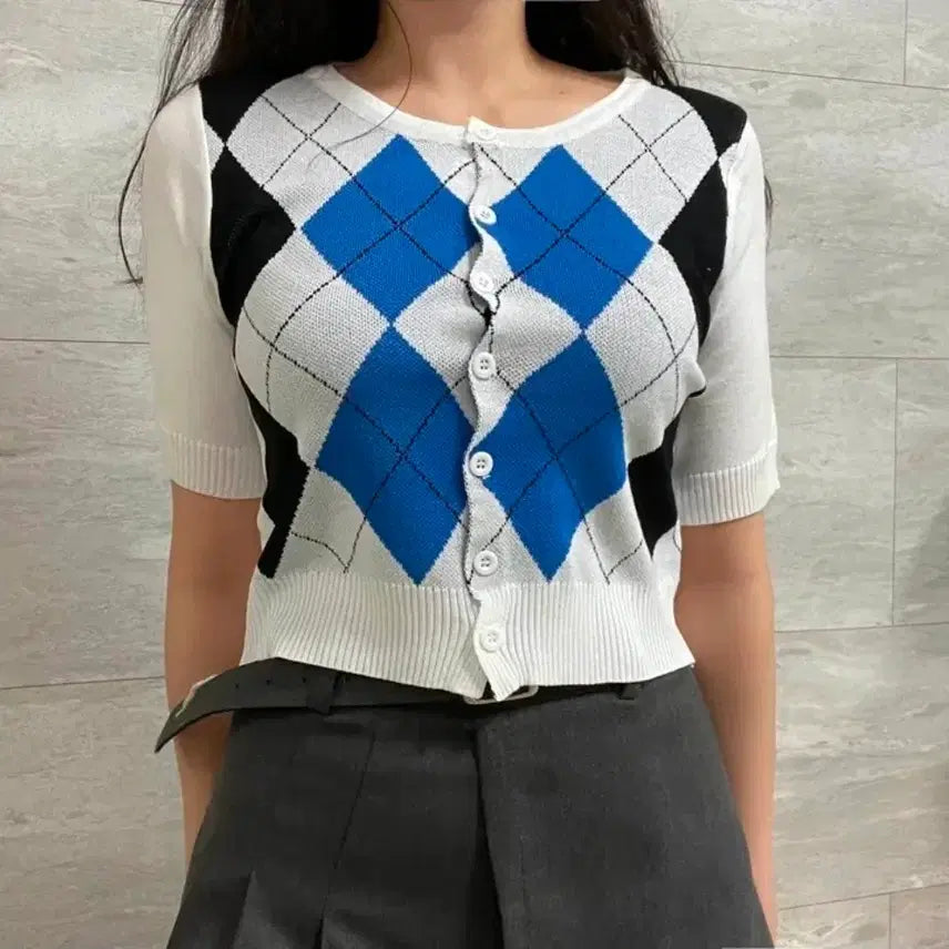 [BUNJANG] Argyle Pattern Round Neck Short Sleeve Knit Cardigan / 아가일 패턴 체크 라운드 크롭 반팔 니트 가디건