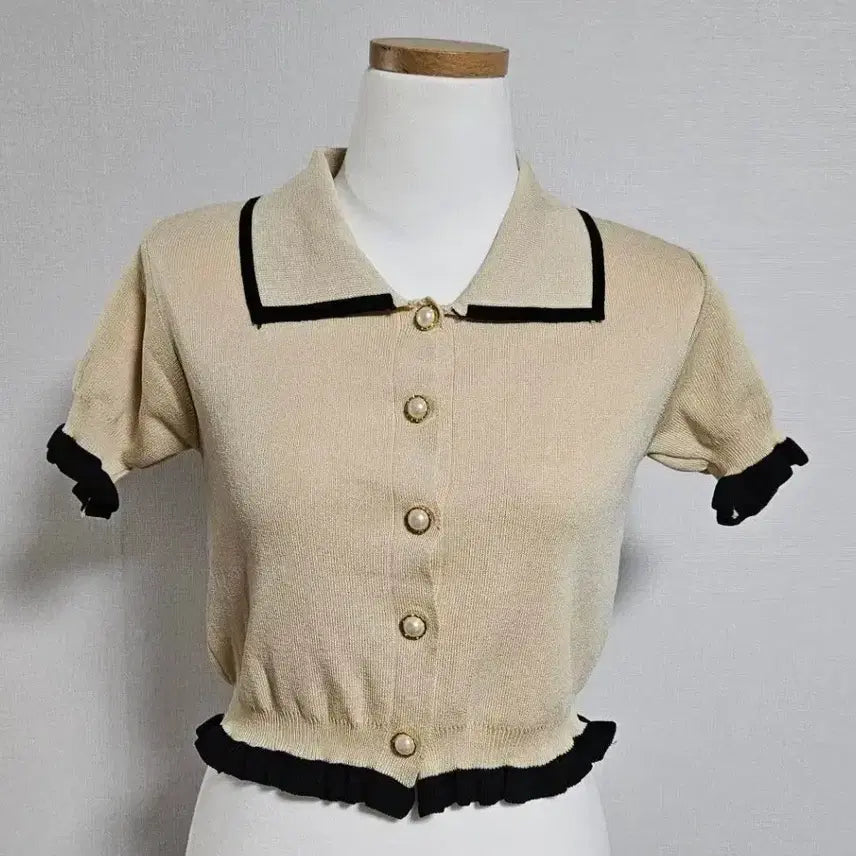 [BUNJANG] Beige Collar Neck Frill Puff Short-Sleeve Knit / 베이지 프릴 카라넥 퍼프 배색 반팔 니트