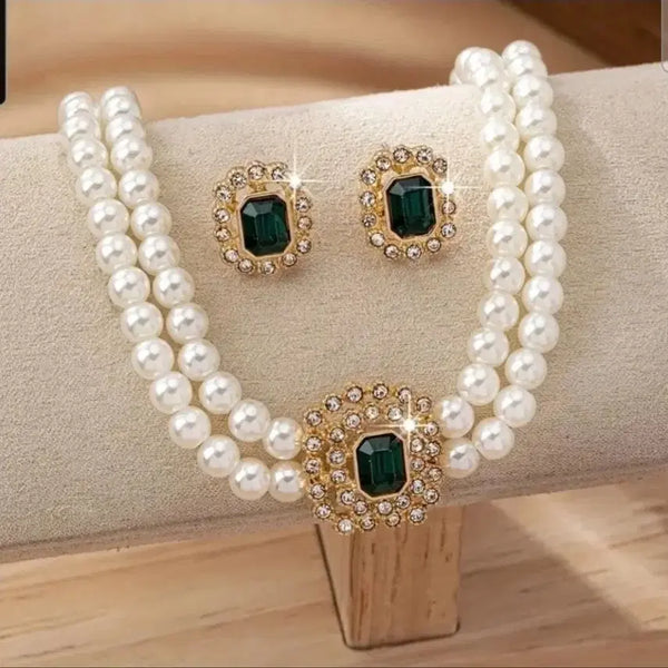 [BUNJANG] Emerald Pearl Set Necklace Earrings / [새거]에메랄드 진주 2종세트