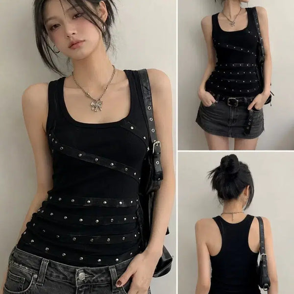 [BUNJANG] Y2K Studded Rib Tank Top Black XS / Y2K Studded Rib Tank Top  블랙 스터드 슬림 나시 XS 44~마른55
