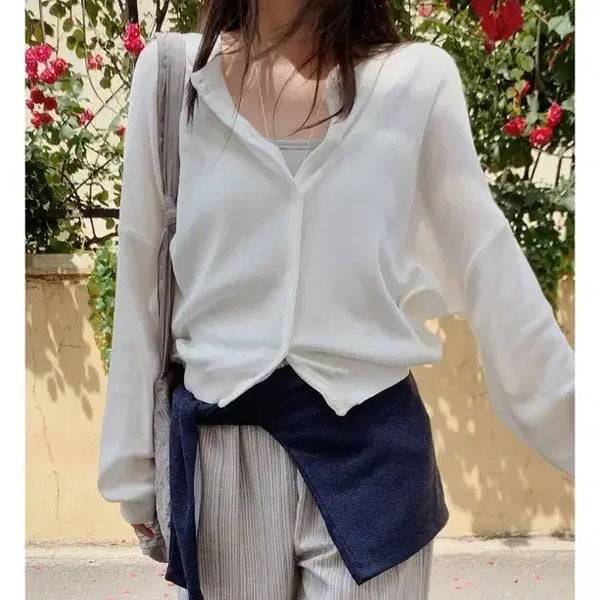 [BUNJANG] Slowand Plain Day Basic Cardigan (Summer, Plain, V-neck, Ivory) / 교환X 슬로우앤드 플레인 데이베이직 가디건 (썸머, 무지, 브이넥, 아이보리)