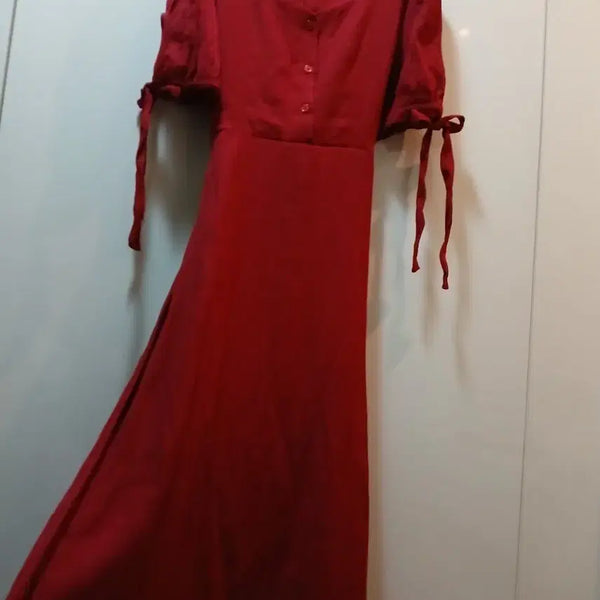 [BUNJANG] Red Square Neck Puff Sleeve Dress / 레드 스퀘어넥 퍼프소매 원피스