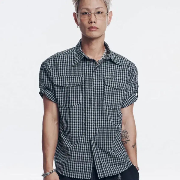 [BUNJANG] Easy No Easy Seersucker Check Crop Short Sleeve Shirt / (새상품)이지노이지 시어서커 롤업 체크 크롭 반팔 셔츠