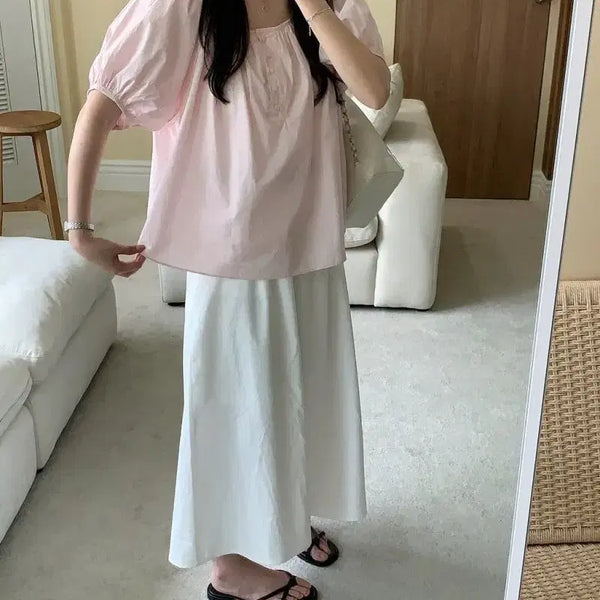 [BUNJANG] Puff Sleeve Half-Sleeve Blouse Pink / 퍼프 반팔 블라우스 핑크