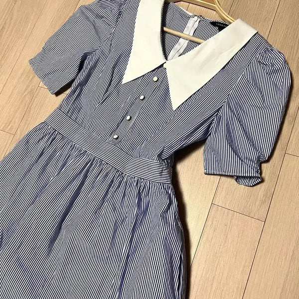 [BUNJANG] Lookast Laura Blue Stripe Long Dress Puff Sleeve Cotton / 22ss 룩캐스트 로라 블루 스트라이프 롱 원피스 바스락 코튼 퍼프소매 휴가룩 빅카라 플레어