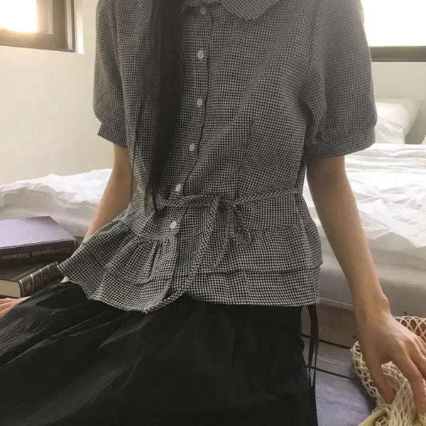 [BUNJANG] Round Collar Frill Puff Blouse / 에이블리 라운드 반팔 셔츠 카라 프릴 퍼프 블라우스