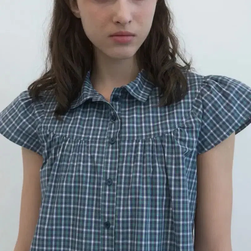 [BUNJANG] Enzo Blues Check Cap Sleeve Shirt / 엔조블루스 체크 캡 슬리브 셔츠