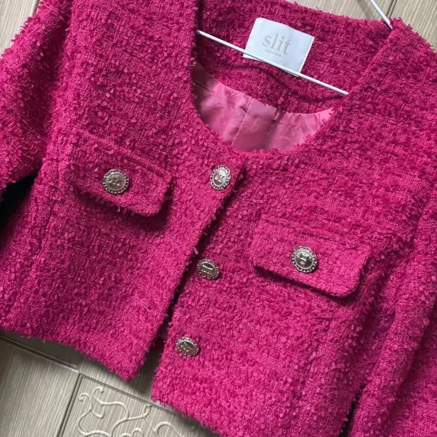 [BUNJANG] Slit Tweed Crop Jacket Pink / 새상품) 슬릿 트위드 크롭 자켓 핑크