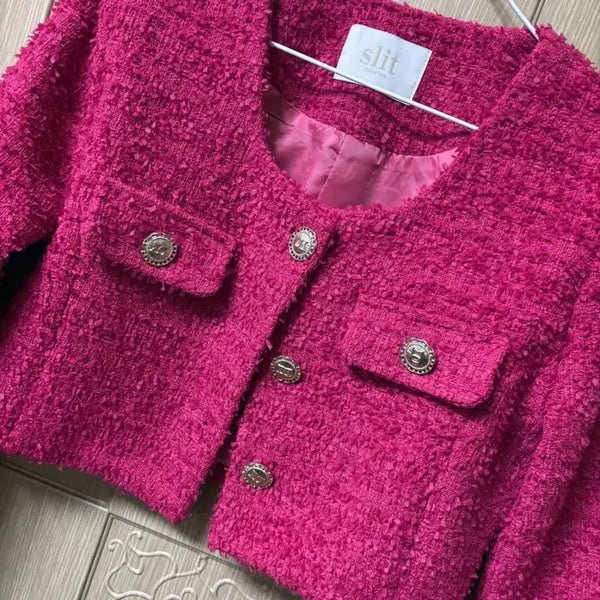 [BUNJANG] Slit Tweed Crop Jacket Pink / 새상품) 슬릿 트위드 크롭 자켓 핑크