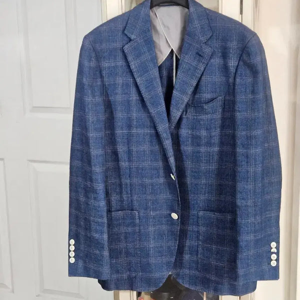 [BUNJANG] Check Pattern Linen Men's Jacket - Blue 105 / 체크 패턴 마소재 남성 자켓 블루100