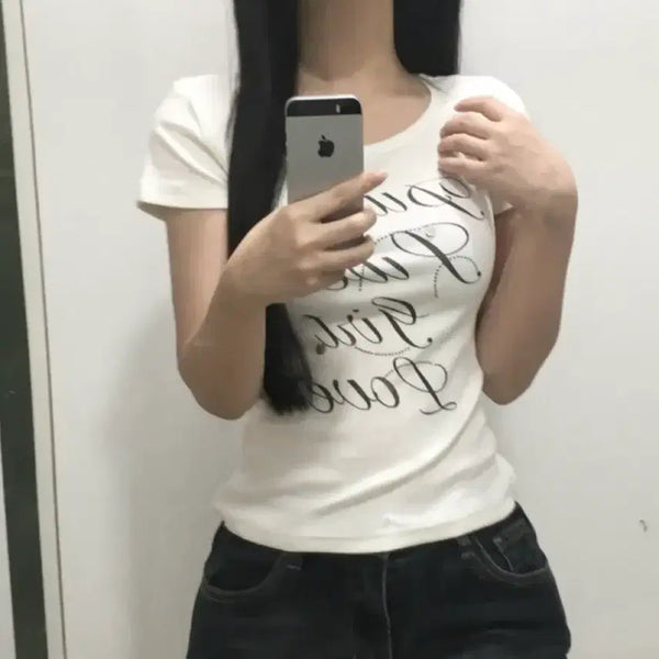 [BUNJANG] Ablley Studpoint Lettering Short Sleeve T-shirt White Vintage / 에이블리 스터드포인트 레터링 탑 반팔티 화이트 빈티지