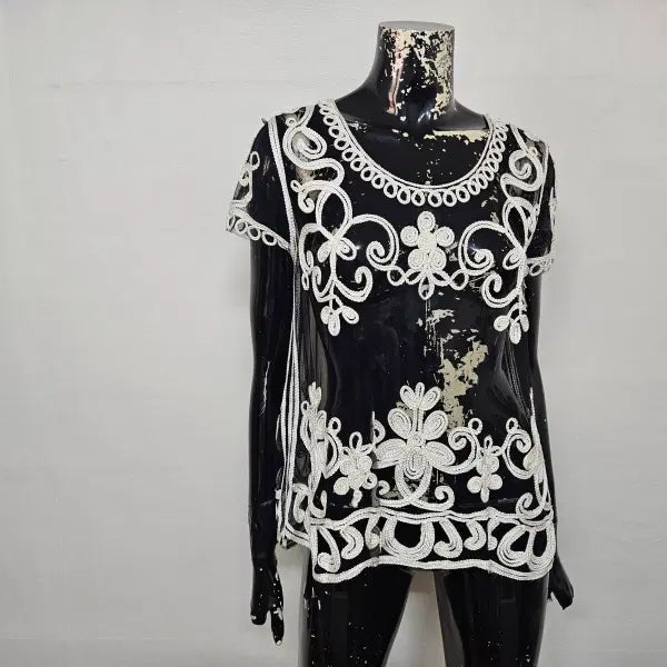 [BUNJANG] Black See-Through Short-Sleeve Blouse (Free Size, Fits 55-66) / (F 55반~66내외) 블랙 시스루 반팔 블라우스 (FREE 55반~66내외)