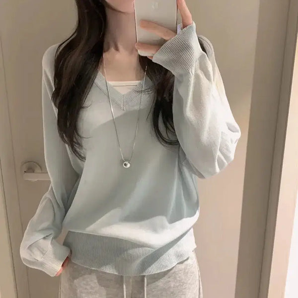 [BUNJANG] V-Neck Loose Linen Blend Long Sleeve Knit / [새상품/쿨링 린넨] 브이넥  루즈 여름 긴팔 니트 수입의류