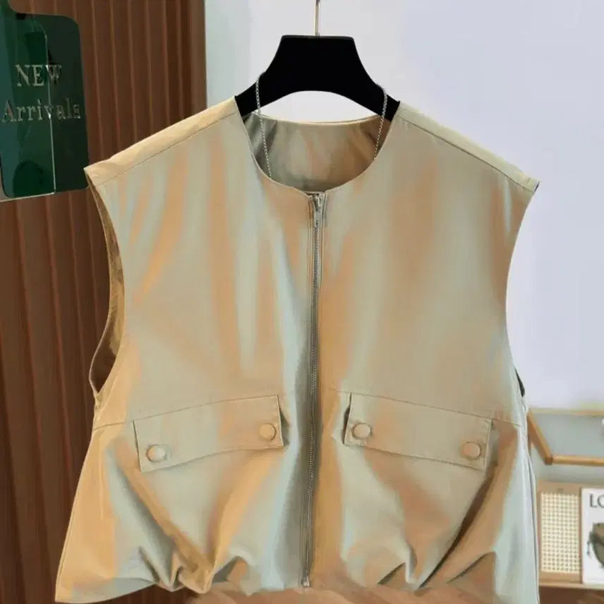 [BUNJANG] Beige Sleeveless Zip-Up Vest / 베이지색 민소매 집업 베스트