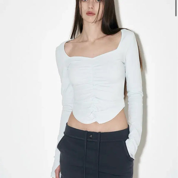 [BUNJANG] Please No Follow Shirring Long Sleeve Top / 플리즈노팔로우 달린 셔링 롱 슬리브 탑