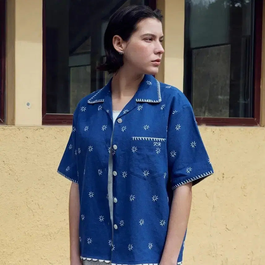 [BUNJANG] Freeter Blue Stripe Flower Pattern Shirt / 프리터 블루 스트라이프 플라워 패턴 셔츠