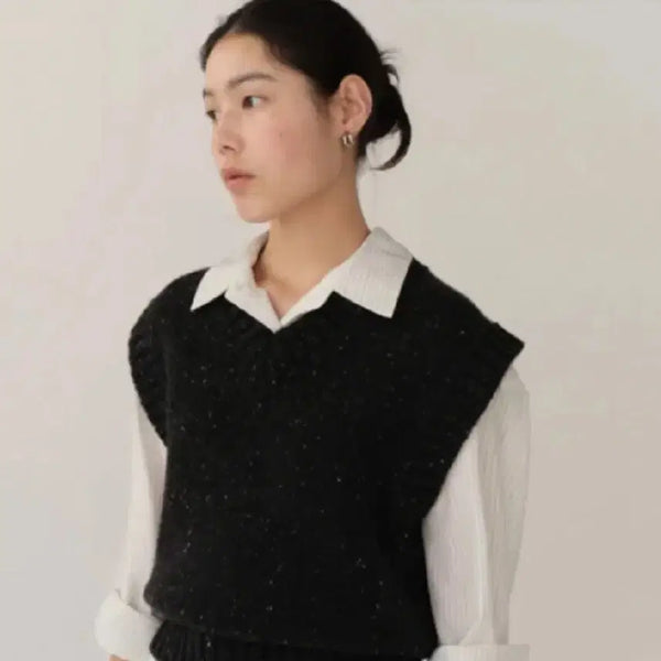 [BUNJANG] Kinder Salmon Knit Vest Black Melange / 킨더살몬 니트 베스트 새상품