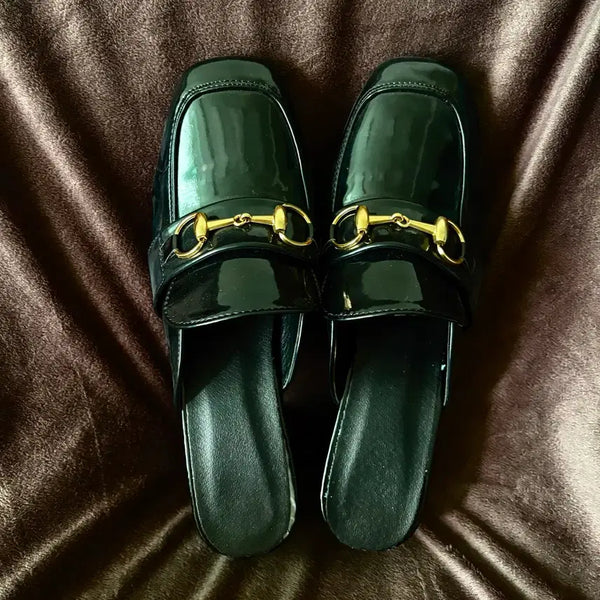 [BUNJANG] Black Enamel Mule Loafer Slippers - Size 235 / 블랙 에나멜 뮬 로퍼 슬리퍼 235
