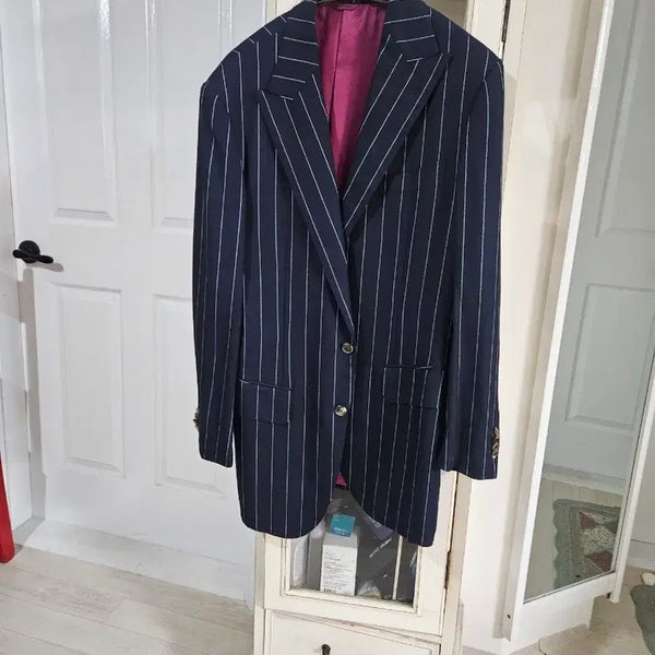 [BUNJANG] Navy Pinstripe Suit Jacket with Pink Lining / 네이비 스트라이프 정장 재킷 (핑크 안감)