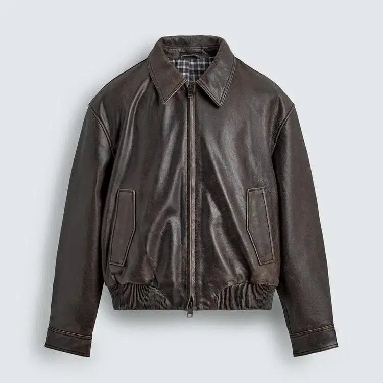 [BUNJANG] Zara Washed Leather Bomber Jacket Brown (S) / 자라 소가죽 레더 워싱 가죽 봄버 자켓 (S/남녀공용가능)