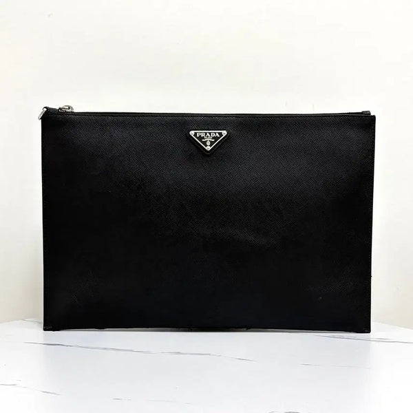 [BUNJANG] Prada Saffiano Triangle Logo Clutch Bag Black / [100%정품] 프라다 사피아노 삼각로고 클러치백 블랙