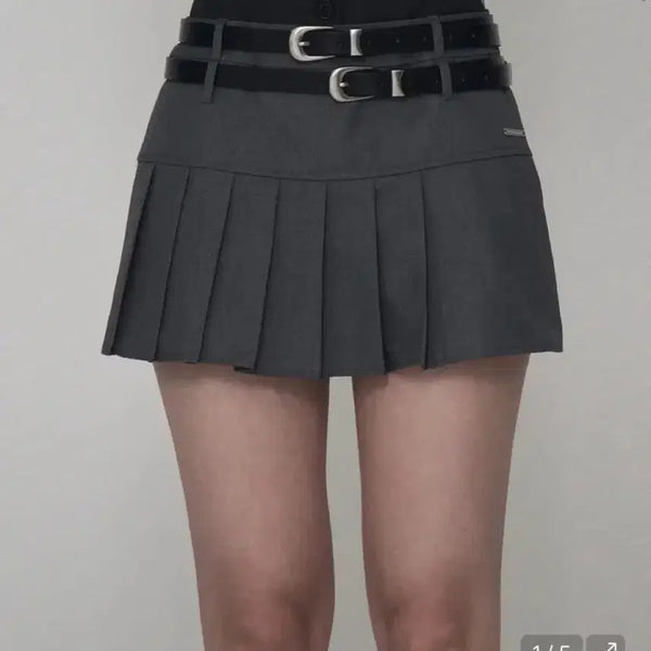 [BUNJANG] Etoséomé Two-Belt Side Pleated Skirt (Gray) / 에트오소메 레이어 셋업 투벨트 사이드 플리츠 스커트 (그레이)