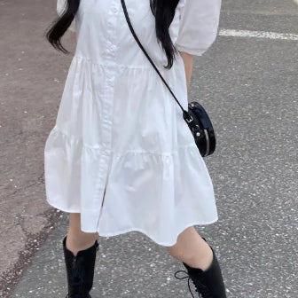 [BUNJANG] Baby Doll Kara Shirt Button Puff Sleeve Mini Dress / 베이비돌 카라 셔츠 버튼 퍼프 루즈핏 캉캉 미니 원피스