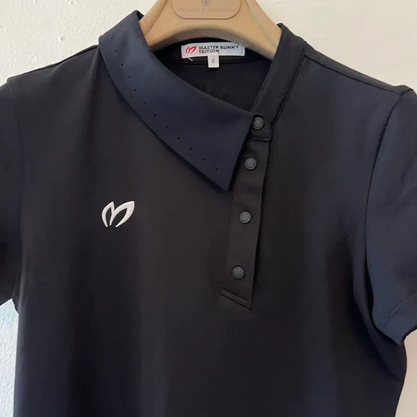 [BUNJANG] Master Bunny Edition Women's Black Unbalanced Collar T-Shirt Golf Shirt / 마스터바니에디션 여성 블랙 언밸런스 카라티셔츠 골프티셔츠 0