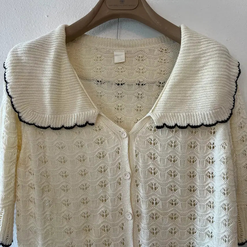 [BUNJANG] Ivory Crochet Knit Cardigan with Collar / 데일리룩 여성 아이보리 크로셰니트가디건 카라니트가디건