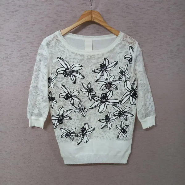 [BUNJANG] Ozsecon Ivory Print T-shirt / B8-11/오즈세컨 아이보리 프린트 티셔츠 여성