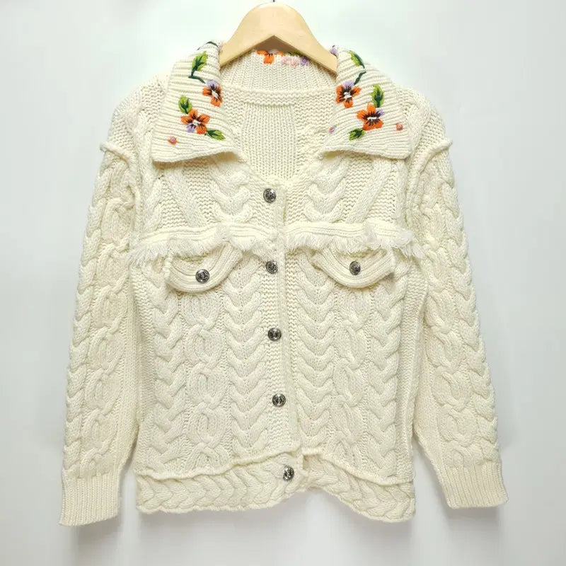 [BUNJANG] Flower Embroidery Cable Knit Jacket / 플라워 자수 꽈배기 니트 자켓