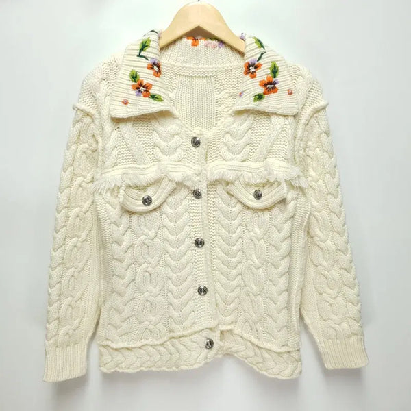 [BUNJANG] Flower Embroidery Cable Knit Jacket / 플라워 자수 꽈배기 니트 자켓
