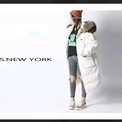 [BUNJANG] JS New York White Long Padded Coat with Racoon Fur / JS.NEW YORK 롱패딩 화이트