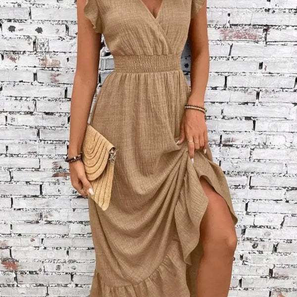[BUNJANG] Brown Shirring V-Neck Ruffle Mini Dress / 브라운 셔링 브이넥 프릴 원피스