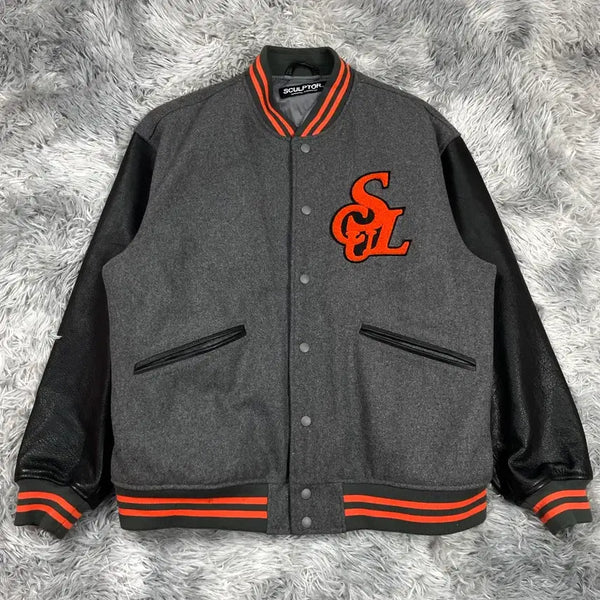 [BUNJANG] Sculptor Monogram Wool Leather Mix Stadium Varsity Jacket XL / 스컬프터 모노그램 울 가죽 믹스 스타디움 바시티 자켓 y 6704