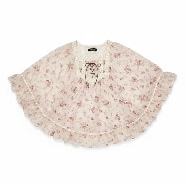 [BUNJANG] Pink Floral Cape Blouse with Lace and Ruffle Detail / 핑크  플로럴 케이프