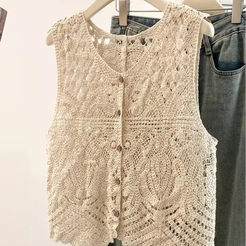 [BUNJANG] Crochet Knit Vest Beige / 크로셰 니트 조끼 베이지
