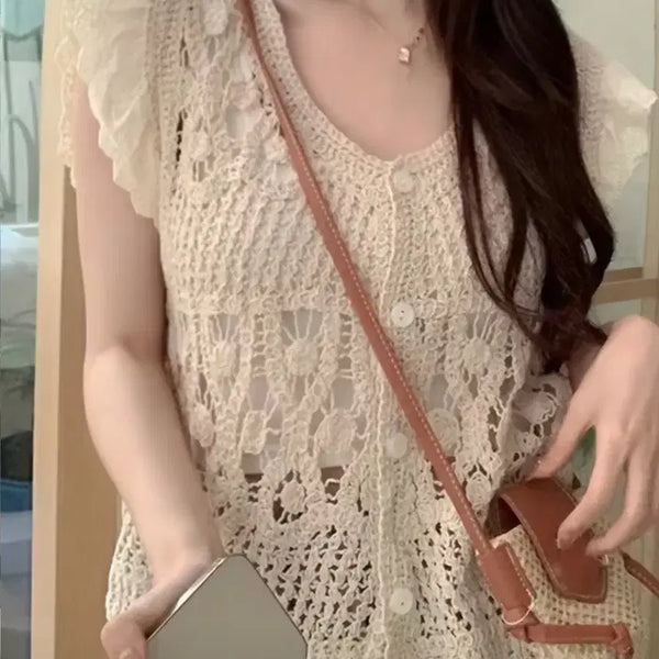 [BUNJANG] Crochet Lace Sleeveless Knit - Beige / 크로셰 레이스 민소매 니트 베이지