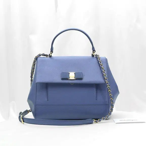 [BUNJANG] Ferragamo 21 F558 Blue Calfskin Gold Tone Vara Bow Oxford 2-Way Bag / Ferragamo(페라가모) 21 F558 블루 카프스킨 금장 바라보우 옥스퍼드 2WAY