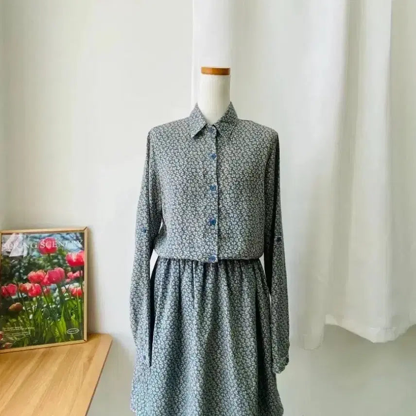 [BUNJANG] Blue Flower Pattern Shirt Dress / 블루 플라워 패턴 셔츠 원피스 55-66