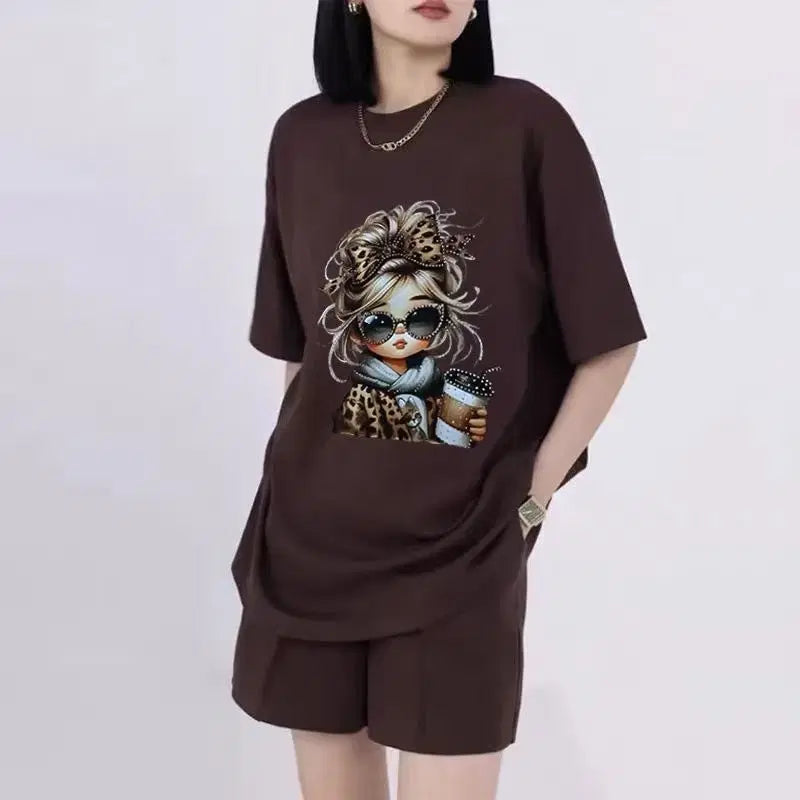 [BUNJANG] Character Print Short Sleeve T-Shirt and Shorts Set (Gray) / 캐릭터 반팔+반바지 세트(그레이)