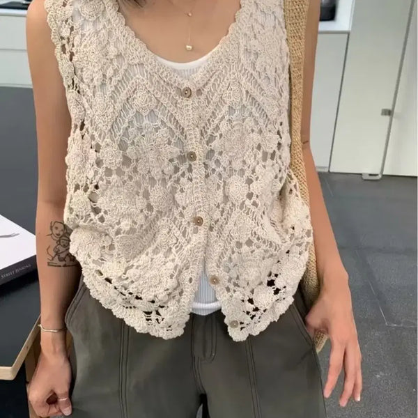 [BUNJANG] Crochet Knit Vest - Beige / 니트 조끼 크로셰 베이지