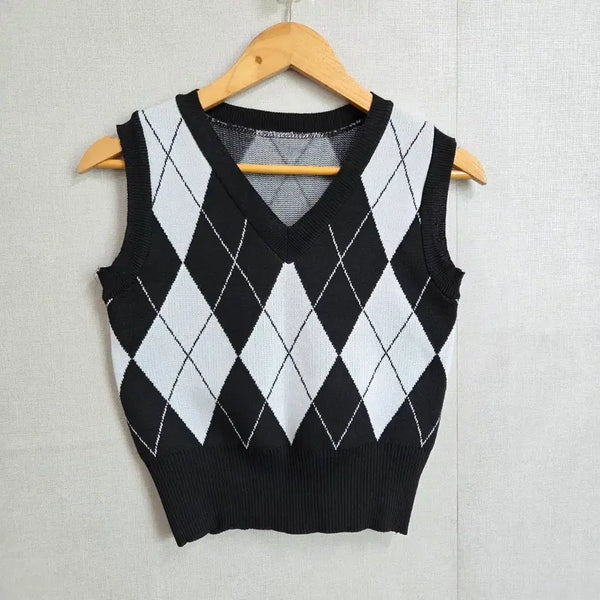 [BUNJANG] Women's V-Neck Argyle Pattern Vest / 여성 브이넥 아가일 패턴 조끼 베스트 F JJ3381