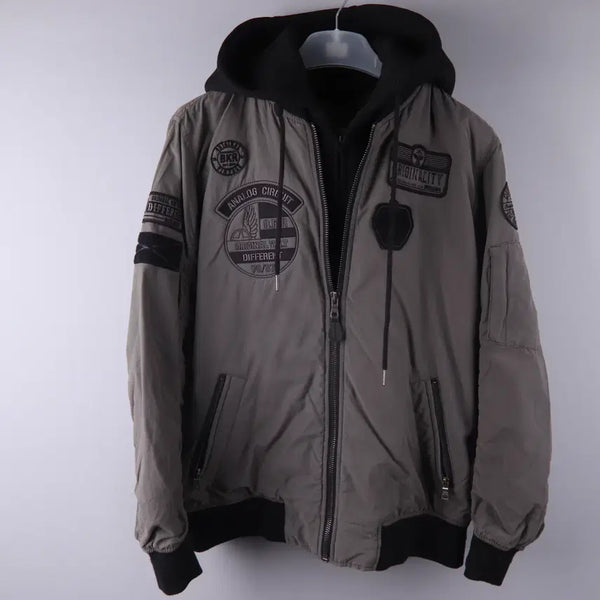 [BUNJANG] Buccharoo Neoprene Patch Hooded Padding Jumper Grey (XL) / 버커루 와펜 네오프렌 후드 패딩 점퍼 이중 항공점퍼 그레이 (XL)