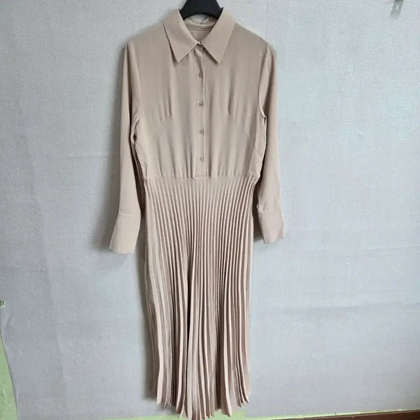 [BUNJANG] Women's Beige Shirt-style Pleated Dress / 여성 베이지색 셔츠형 플리츠 원피스 F JJ3384
