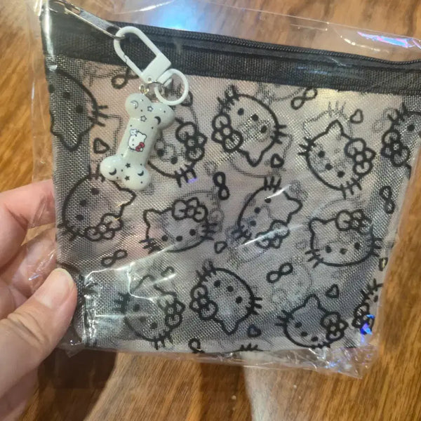 [BUNJANG] Hello Kitty Pattern Mesh Pouch with Bone Charm / 헬로키티 패턴 망사 파우치