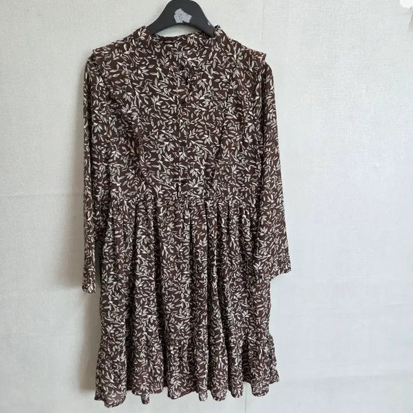 [BUNJANG] Women's Brown Sheer Long Sleeve Chiffon Dress / 여성 브라운 얇은 긴팔 쉬폰 원피스 F JJ3386